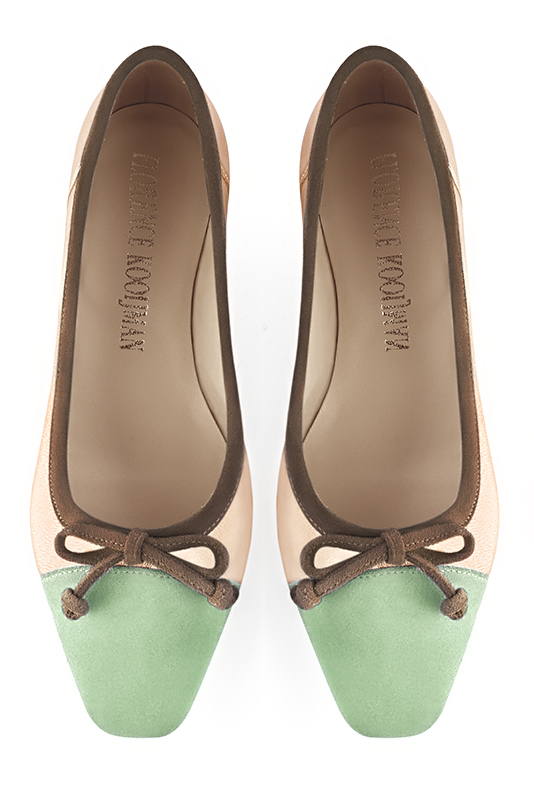 Mint green, gold and chocolate brown women's ballet pumps, with low heels. Square toe. Flat flare heels. Top view - Florence KOOIJMAN
